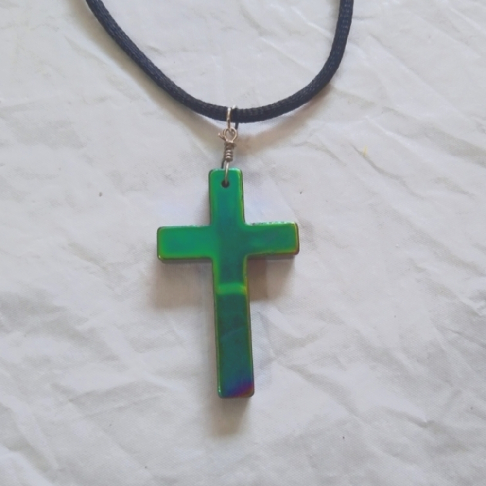 Handmade Iridescent Green Cross Necklace Rainbow Hemitite Church Religious Gift